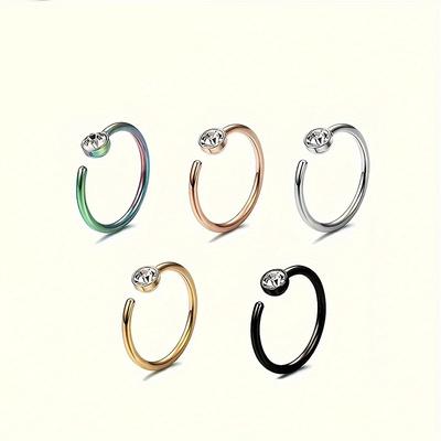 TEMU 18k Golden Plated Stainless Steel Nose Ring Hoop Set Of 5 - Zirconia Mosaic Nose Piercings For Daily And Vacation Occasions - Universal Fit Nose Hoops