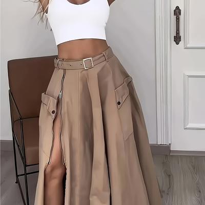 TEMU Elegant High-waist Midi Skirt For Women - Chic Pleated Design With Side Slit, Polyester, Machine Washable - Spring/summer/fall Fashion Image