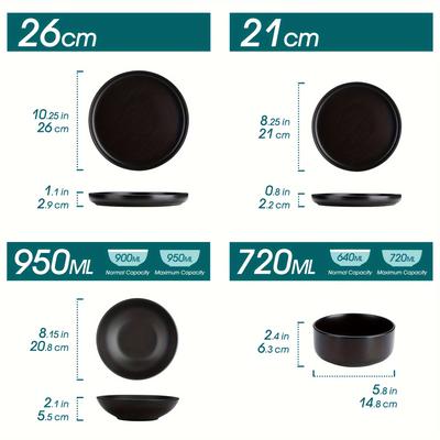 TEMU 16 Piece Black Ceramic Plate Sets Stoneware Dinner Set Elegant Dinnerware With 4 Piece /dessert Plate/soup Plate/bowl For Image