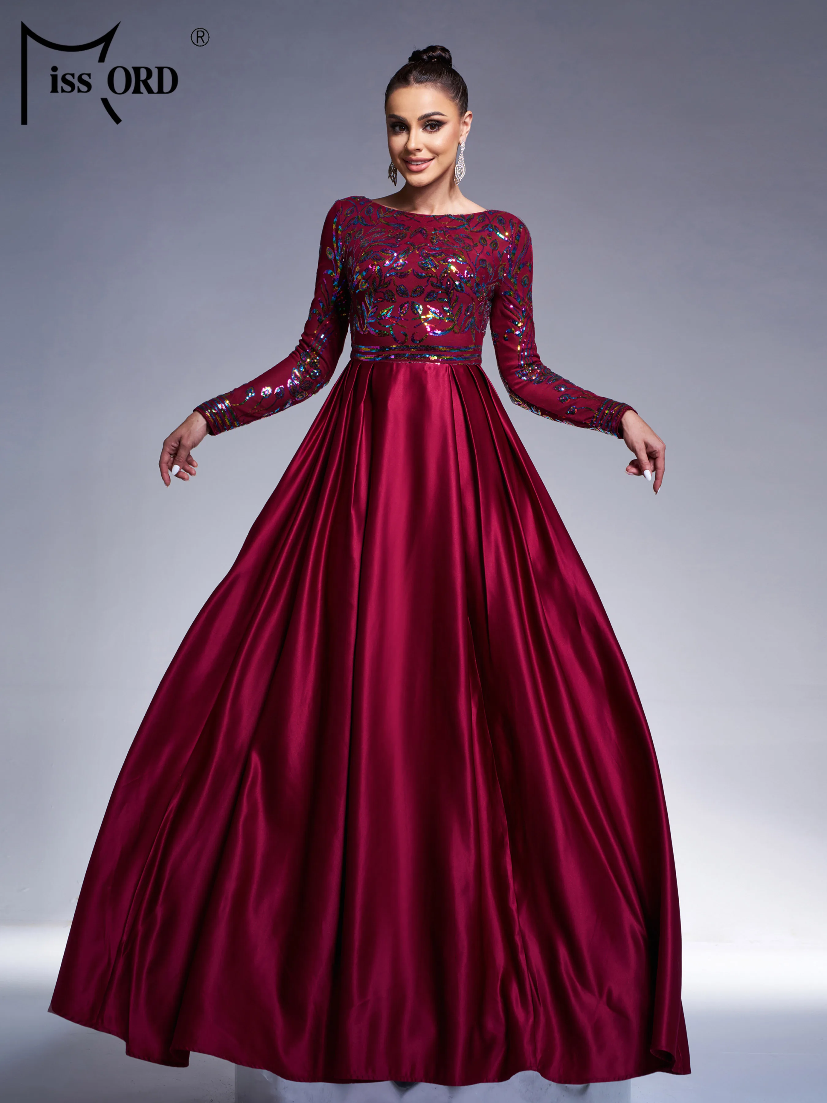 Missord Neue Kirche, Rundhalsausschnitt, Burgunderrot, langärmelig, Pailletten, A-Linie, Abendkleid, Hochzeit, Geburtstag, Party, formelle Anlässe Image