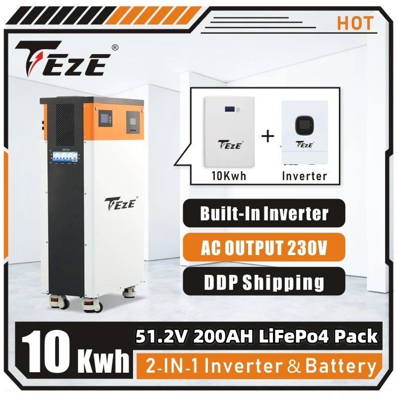 TezePower All-in-One 51,2 V 10 kWh Powerwall LifePo4-Batterie 200 Ah 51 V integrierter Wechselrichter Home Energy Storage wiederaufladbare Zellen Image