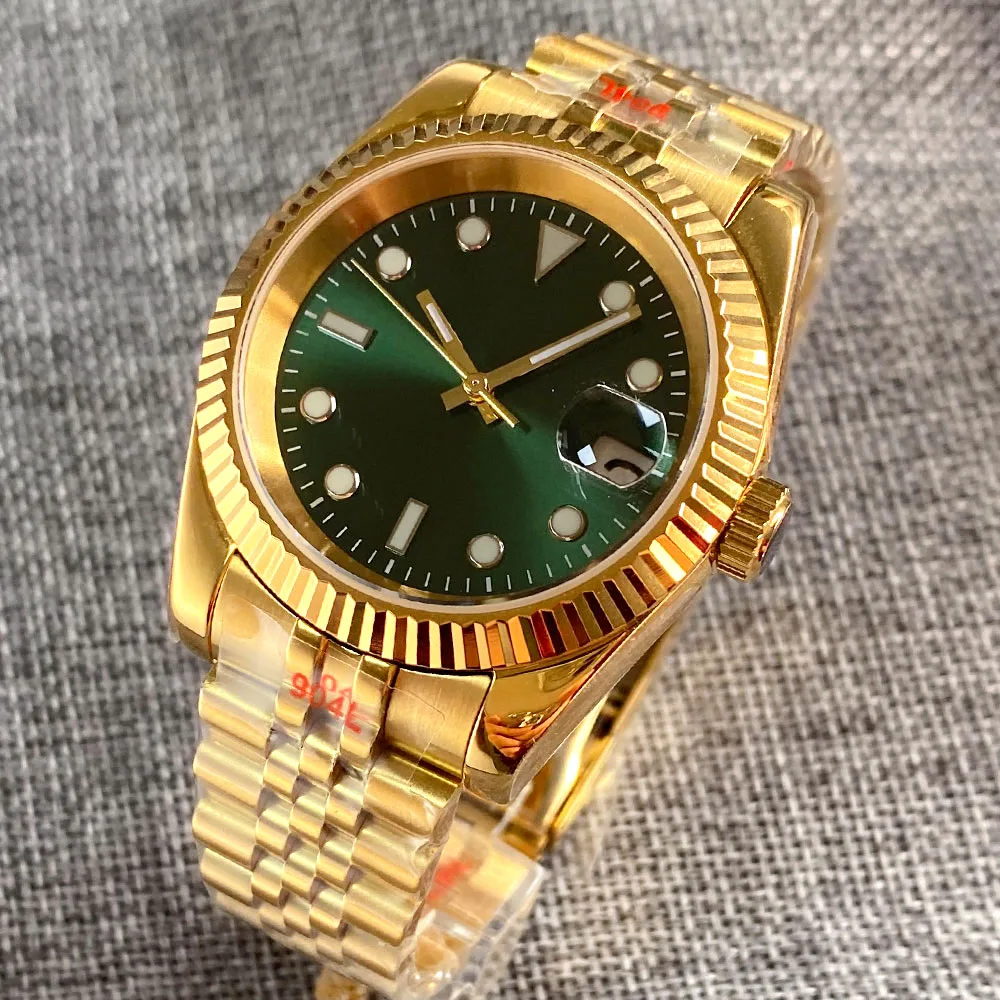 Day Date geriffelte Gelbgold-Stahluhr für Herren NH35AA MIYOTA PT5000-Uhrwerk Sunburst Green 904L-Armband 36 mm 39 mm Armbanduhr Image