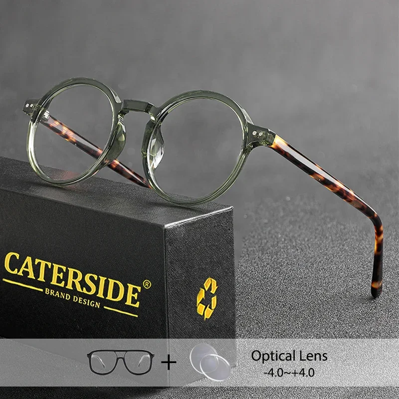 CATERSIDE Retro Runde Brillengestell für Männer und Frauen TR90 Rahmen Lesebrille Myopie Anti Blaues Licht verschreibungspflichtige Linse 1,56 Image