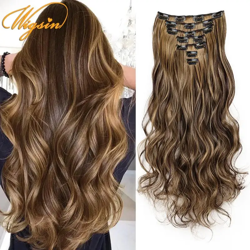 WIGSIN 24 Zoll 7 teile/satz Synthetische Haarverlängerung Lange Lockige 16 Clips Hitzebeständige Schwarz Blonde Haarteil für Frauen Image