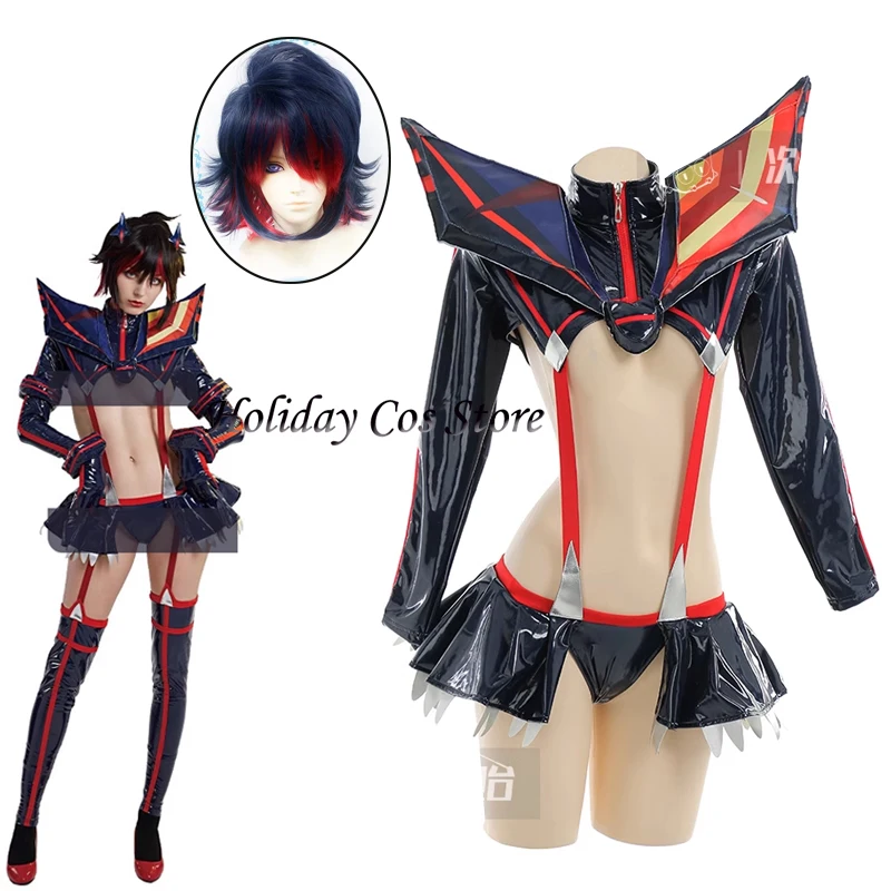 Anime Matoi Ryuko Cosplay Kostüm Sexy Hohl Outfits Set Strümpfe Matoi Ryuuko Blau Rot Perücke Halloween Party Karneval Kleidung Image