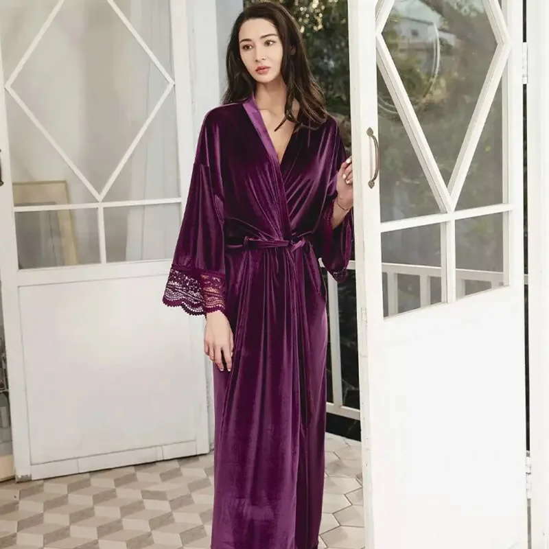 Luxus Gericht Weibliche Samt Kimono Robe Nachtwäsche Sexy Spitze Hochzeit Morgenmantel Weiche Verlängern Nachtwäsche Bademantel Weiche Hause Tragen Image