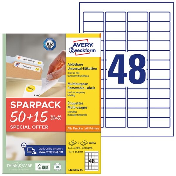 Avery Zweckform Universaletiketten wiederablösbar weiß 45,7x21,2 mm 3120 Stück L4736REV-65 Image