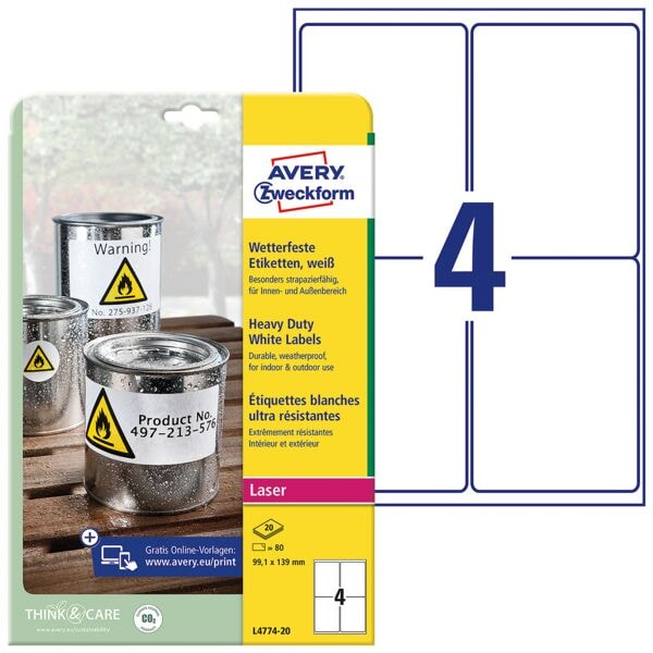 Avery Zweckform Wetterfeste Folien-Etiketten 99,1 x 139 mm »L4774-20« Image