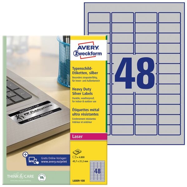 Avery Zweckform Silberne Typenschild-Etiketten 45,7x21,2 mm 4800 Stück silber Image
