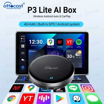 OTTOCAST OttoAiBox P3 Lite 4+64G Wireless Android AI Box CarPlay for VW Chervolet Skoda for Youtuber