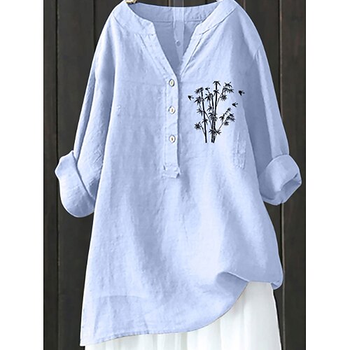 Damen Hemd Kunstbaumwollleinen Knöpfe Grafik Elegant Vintage Täglich Langarm V Ausschnitt Täglich Urlaub Ausgehen Blau Weiß Grün Frühling Herbst Image
