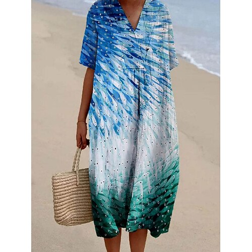 Damen Maxikleid Kunstbaumwollleinen Shiftkleid Kaftan Kleid Freizeitkleid Lässig Täglich Normale Passform Blumen Halbarm V Ausschnitt Blau Königliches Blau Sommer Frühling Herbst Image