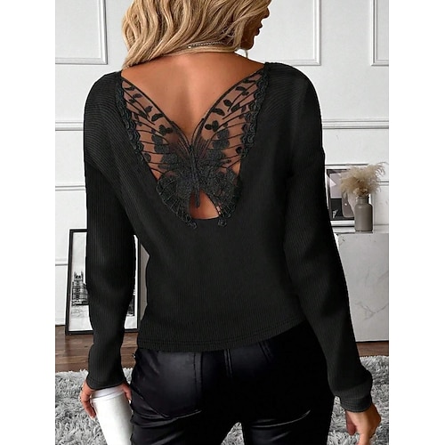 Wohnende elegante Spitzenoberteile Augenbluse sexy Bluse lässige einfarbige reguläre Oberteile Langarm Rundhalsausschnitt Spitzen-Patchwork reguläre Passform tägliche schwarze romantische kleine Image