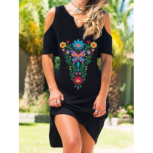 Damen Minikleid Casual kleid Boho-Kleid Vintage Ethnisch Brautkleider schlicht Täglich Regular Fit Blumen Schmetterling Kurzarm Gekerbter Hals Schwarz Weiß Blau Sommer Frühling Herbst Image
