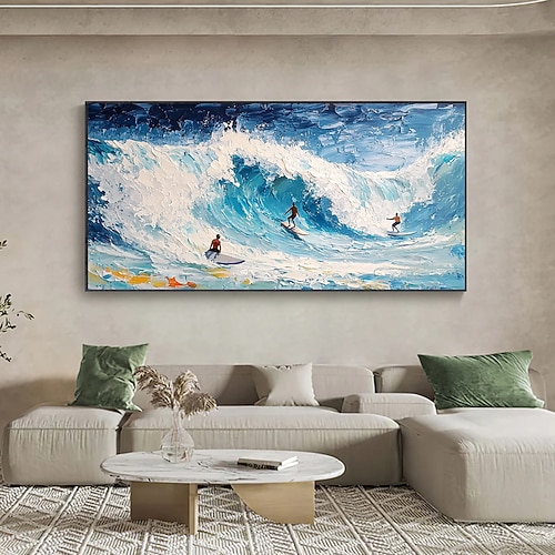 handgemachtes Original Surfsport Ölgemälde auf Leinwand abstrakte Ozeanwellen Wandkunst für Wohndekor mit gespanntem Rahmen ohne Innenrahmen Gemälde Image