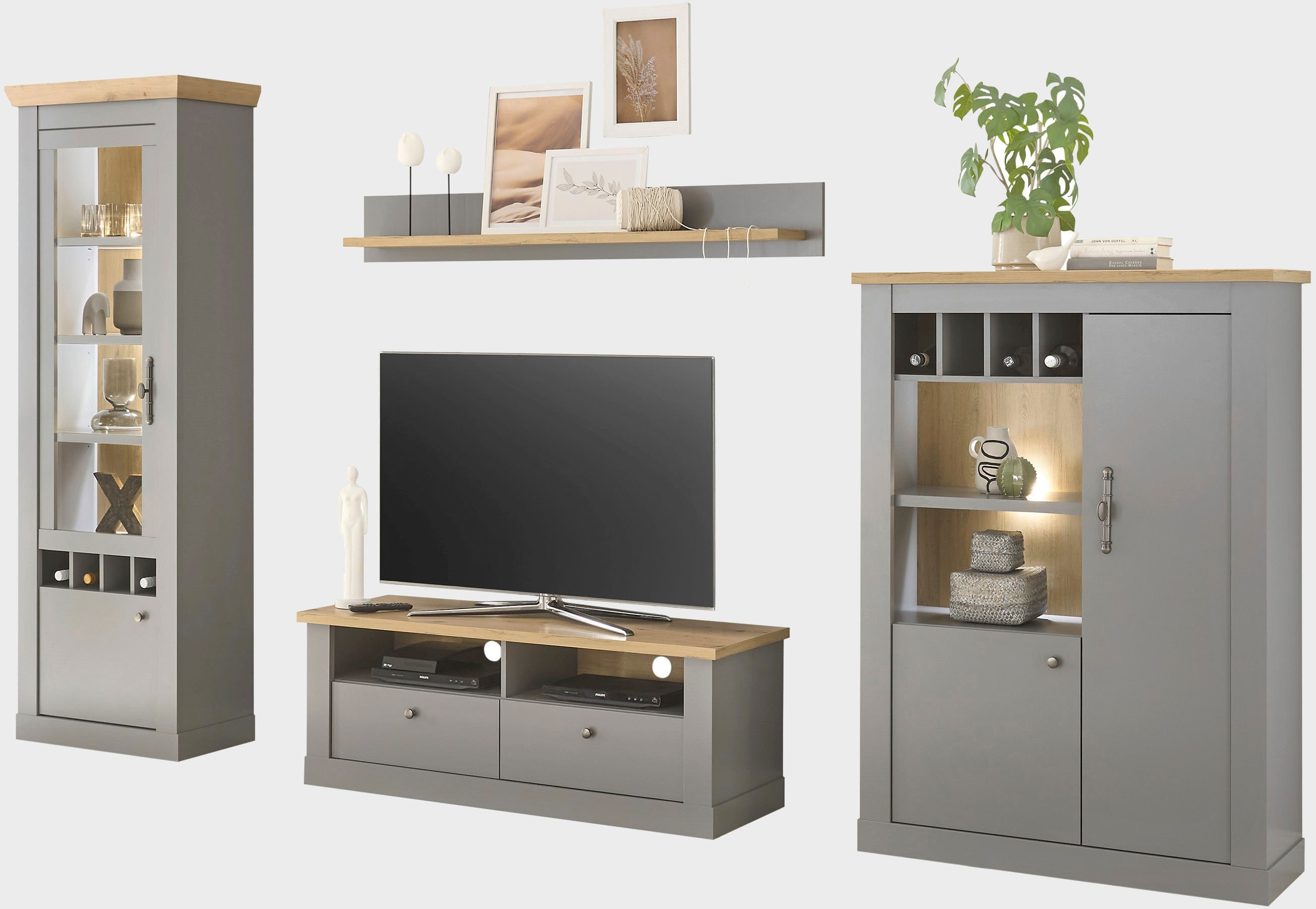 Wohnwand HOME AFFAIRE "Chambord", grau (lichtgrau, applikation eiche dekor), B/H/T: 326cmcm, Kastenmöbel-Sets, Wohnwand