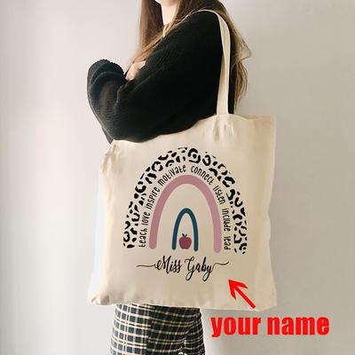 TEMU 1pc Personalised Rainbow Print Shoulder Bag Custom Name Women Canvas Shopping Bag Aesthetic School Bags Teacher Gifts