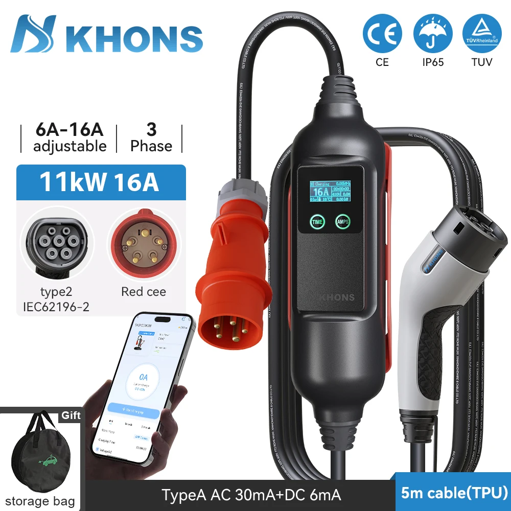 Khons 11KW Typ2 tragbares EV-Ladegerät 16A 3-Phasen-Ladegerät für Elektroautos, Verbindungssteuerung, Ladegerät für Elektrofahrzeuge über APP Image