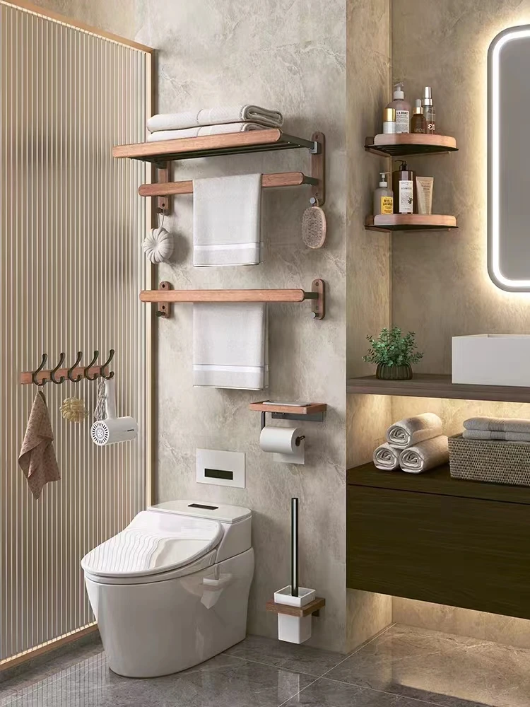 Ensemble de supports de salle de bain, ensemble d'étagères de salle de bain, étagère de rangement de douche, étagère de bain murale en bois, support de sèche-cheveux, étagère d'angle pour salle de