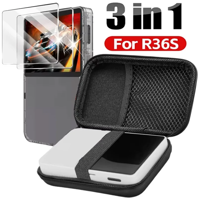 3-in-1-Aufbewahrungstasche mit Displayschutzfolien aus gehärtetem Glas für R36S-Spielekonsolen-Schutz-Set, kratzfeste Tasche und Filme Image