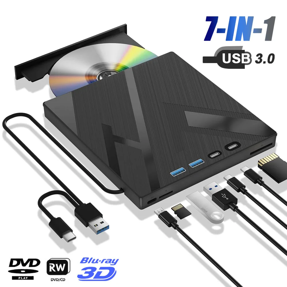 7-in-1 externes optisches Bluray-Laufwerk für Laptop-PC USB 3.0 Typ-C BD DVD CD-RW-Player Tragbarer Brenner mit SD/TF-Kartensteckplatz Image