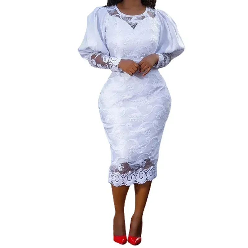 Elegante Frauen Weiß Spitze Kleid Puff Sleeve Stickerei Bleistift Kleid Große Größe 4XL Damen Hochzeit Geburtstag Abendessen Abend Kleidung
