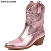 Rosa Cowboy-Cowgirl-Stiefel für Damen, 2025, modisch, bestickt, spitze Zehen, klobiger Absatz, Western-Stiefeletten, glänzende Schuhe, versandkostenfrei