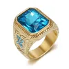 Hip Hop vereist blauen quadratischen Ring männlich Großhandel Gold Farbe Edelstahl große Rapper Ringe für Männer Mode Party Schmuck Geschenk