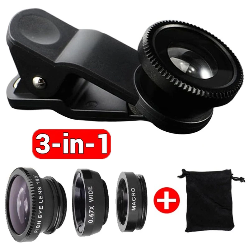 3-in-1-Telefonkamera-Objektiv-Set, Fisheye-Handy-Objektive, 0,67-facher Zoom, Weitwinkel-Makro-HD-Universalkameraobjektiv für alle Smartphones Image