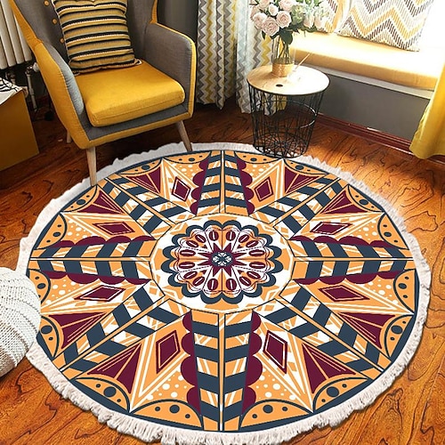 Runder Teppich mit Mandala-Quaste im Ethno-Stil, Wohnzimmer, Schlafzimmer, Couchtisch, Bodenmatte Image