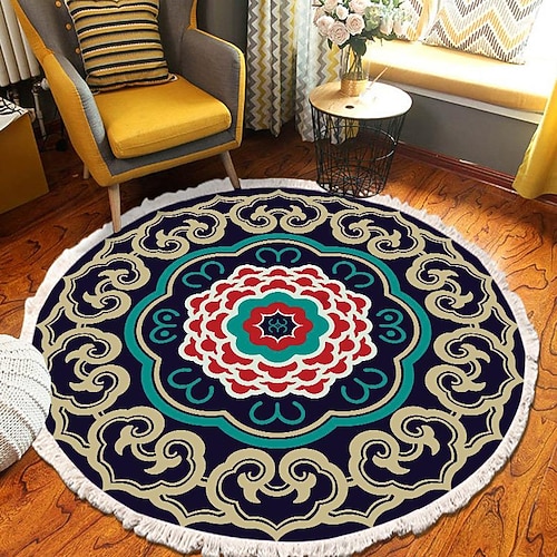 Runder Teppich mit Mandala-Quaste im Ethno-Stil, Wohnzimmer, Schlafzimmer, Couchtisch, Bodenmatte Image