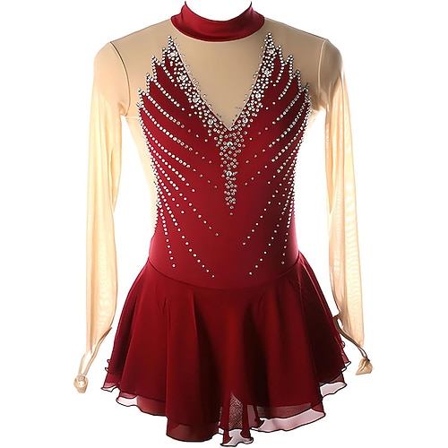Eiskunstlaufkleid Damen Mädchen Eislaufen Kleid Schwarz Rot Burgund Patchwork Asymmetrischer Saum Netzstoff Hohe Elastizität Training Wettbewerb Eiskunstlaufkleidung Klassisch Kristall / Strass Image