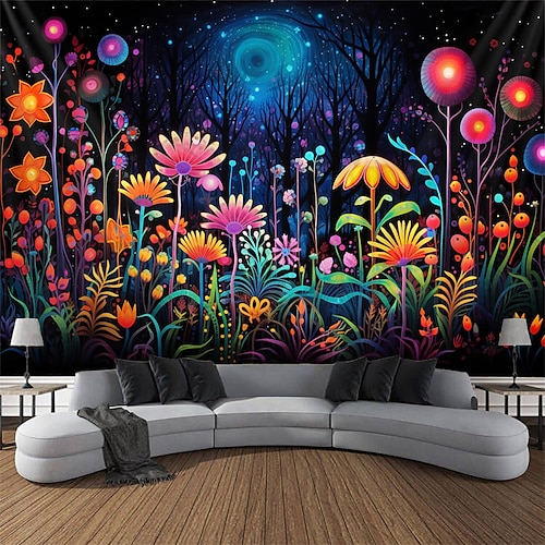 Schwarzlicht-Wandteppich, UV-reaktiv, leuchtet im Dunkeln, Blume, trippy neblige Naturlandschaft, hängender Wandteppich, Wandkunst-Wandbild für Wohnzimmer, Schlafzimmer Image