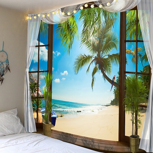 fenster landschaft wandteppich kunst dekor decke vorhang picknick tischdecke hängen hause schlafzimmer wohnzimmer wohnheim dekoration polyester meer ozean strand palme Image