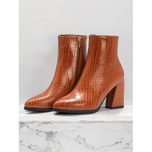 Grüne Stiefeletten aus Kunstleder mit Krokodilprägung für Damen mit Blockabsatz und spitzer Zehenpartie – ideal für legere oder elegante Anlässe Image