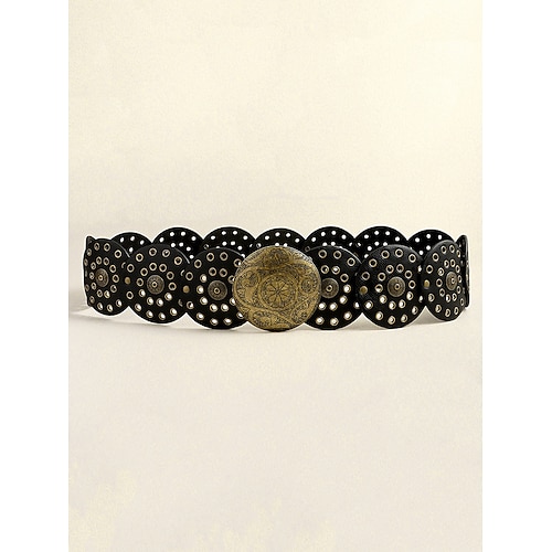 brauner Kunstledergürtel für Damen mit perforierten Kreisen und aufwendiger Metallschnalle - Modeaccessoire im Bohemian-Chic Image