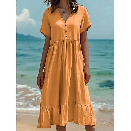 Damen Midikleid Shiftkleid Baumwoll-Leinen-Kleider Sommerkleid Mode Lässig Täglich Normale Passform Einfarbig Kurzarm V Ausschnitt Hellgrün Dunkelgrün Orange Dunkelgrau Sommer Image
