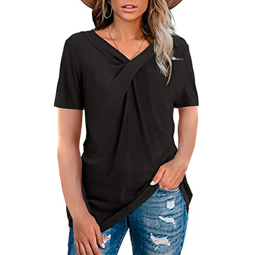 Per donna maglietta Tinta unica Elegante Manica corta A V Top regolari Giornaliero Collage Nero Rosso Beige Estate