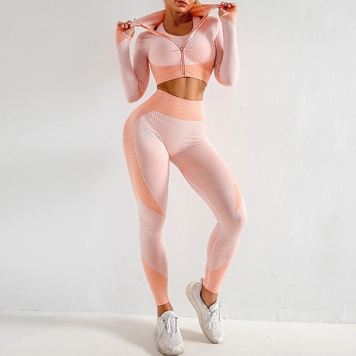 Per donna Collant e reggiseno sportivi Set di yoga 3 pezzi Color Block Set di abbigliamento atletico Completo tuta Nero Rosa Yoga Fitness Allenamento in palestra Vita alta Traspirante Morbido Manica