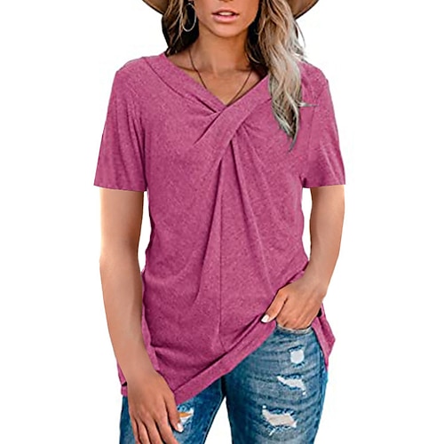 Per donna maglietta Tinta unica Elegante Manica corta A V Top regolari Giornaliero Collage Nero Rosso Beige Estate