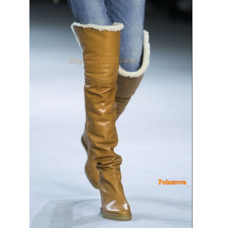 Winter pelzige Stiefel für Frauen, runde Zehen Keil über dem Knie Stiefel Vintage Leder High Heel Stiefel neue Zapatos Para Mujere