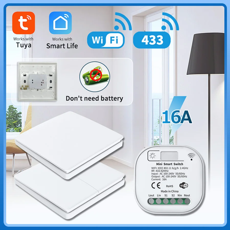 RF433Mhz Self Powered Wireless Wand Schalter Keine Batterie Erforderlich Tuya Wifi Smart Fernbedienung Licht Schalter Für Alexa Google Hause Image