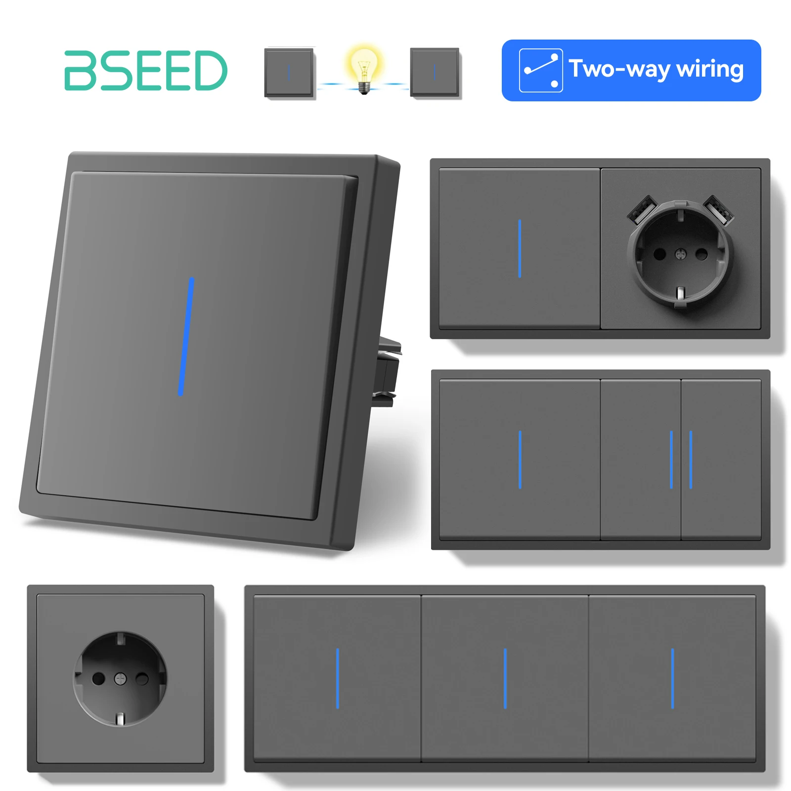 BSEED Große Tastenschalter mit LED-Anzeige, 2-Wege-Wandlichtschalter, USB-Telefon-Ladeanschluss, Wandstrom, EU-Buchse, Grau, E-Serie Image