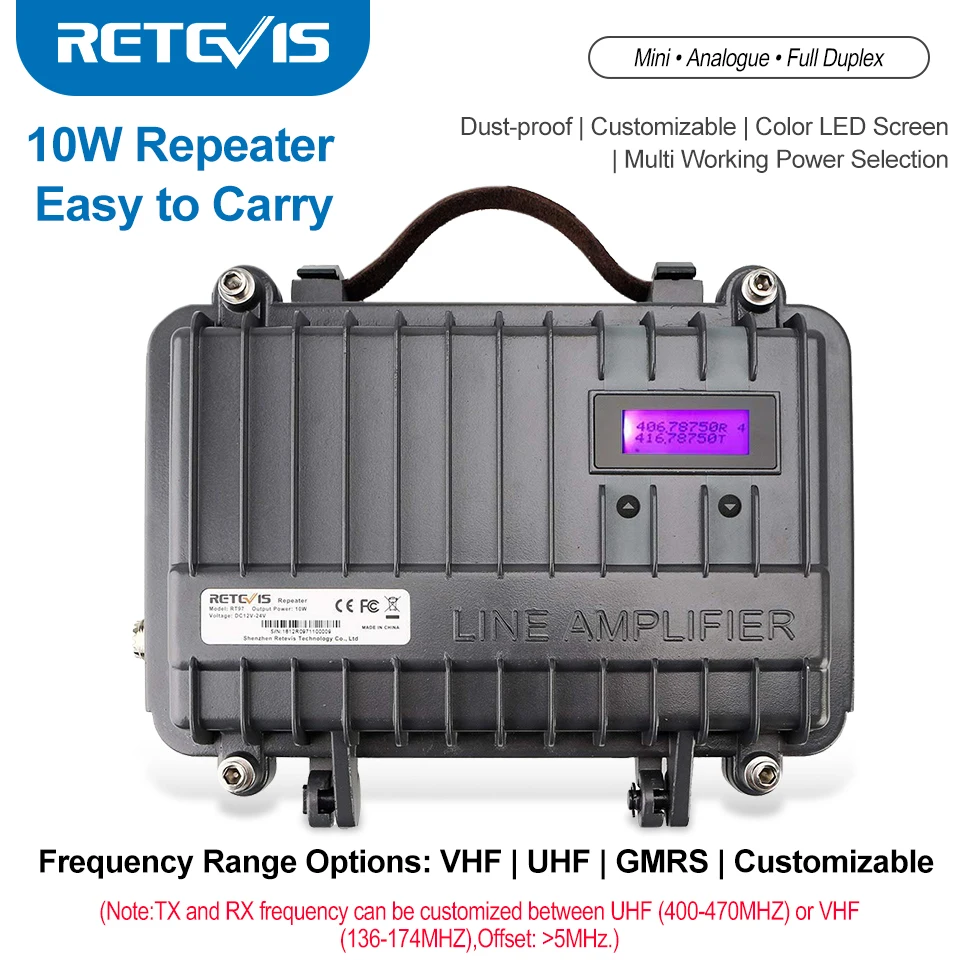 Walkie-Talkie-Repeater, Vollduplex-Funk-Repeater, Mini-Analog-Repeater, anpassbar, RETEVIS RT97, 10 W, UHF (oder VHF) Image