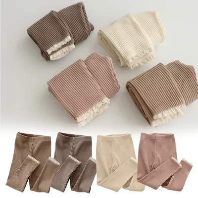 Lange Hose für Babys im Alter von 0 bis 3 Jahren, Frühling und Herbst, mit Spitzenbesatz, weiche und bequeme, gerippte Strick-Leggings für Kleinkinder und Kinder Image