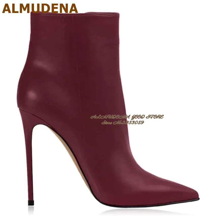 ALMUDENA Weinrote, matte Leder-Stiefeletten mit Stiletto-Absatz, spitzer Zehenbereich, kurze Stiefeletten mit Reißverschluss, 12 cm, Himmel-High-Heel-Bankettschuhe