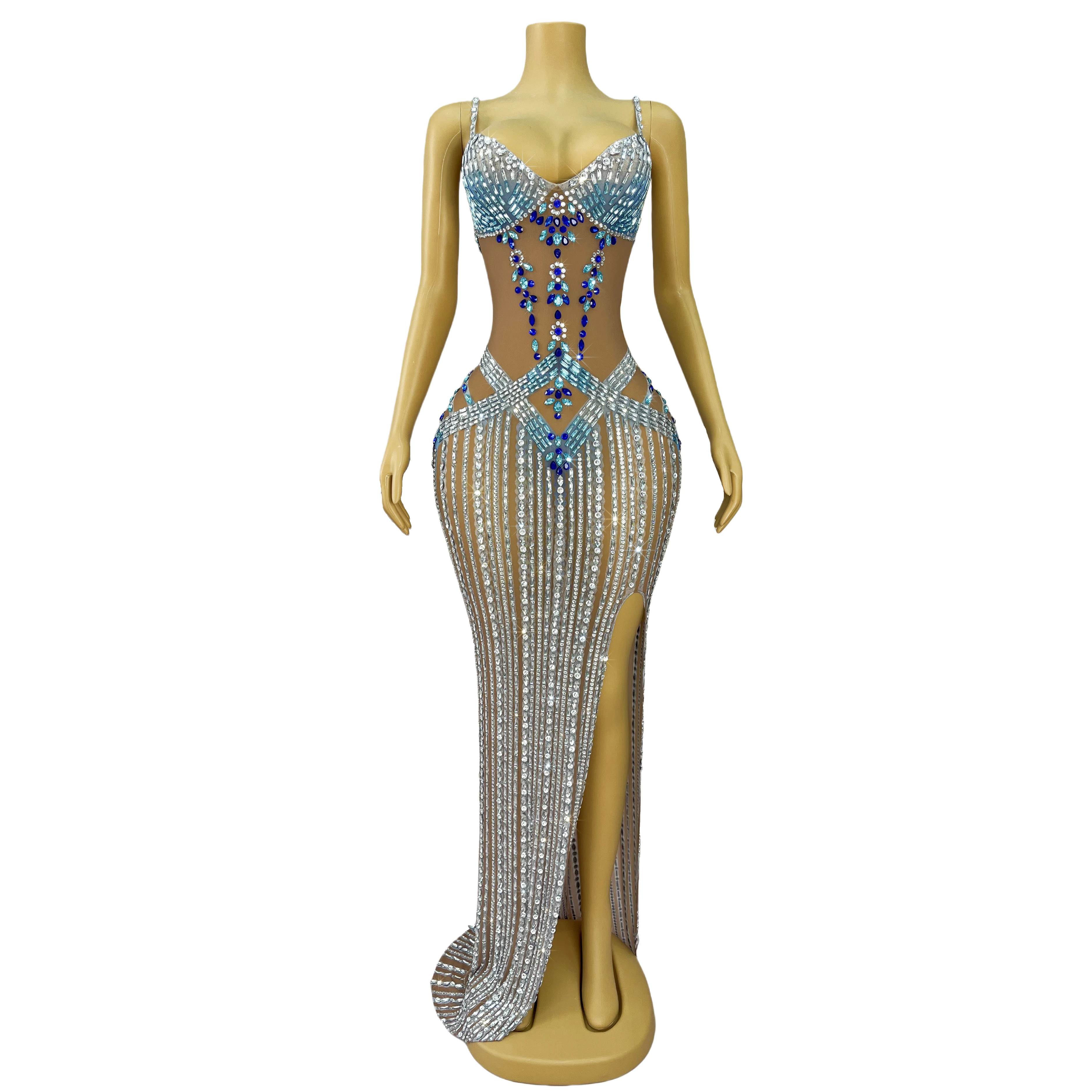 Luxus Elegante Glänzende Strass Kleid Hosenträger Mesh Hohe split Langes Kleid Frauen Abend Prom Roter teppich Zeigen Kostüm Jingyu Image