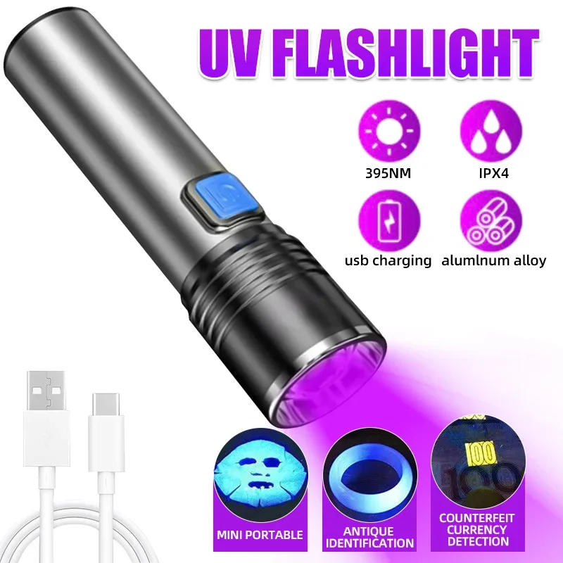 395 nm UV-Taschenlampe, Schwarzlicht, zoombar, über USB wiederaufladbar, UV-Licht, UV-Taschenlampe zur Erkennung von Haustier-Urin, Harzhärtung Image