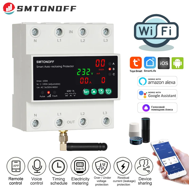 Tuya WiFi Drei Phase 4P 100A Auto-Wiedereinschaltung Über Unter Spannung Schutz Prepaid Meter Timer Schalter Stimme fernbedienung Image