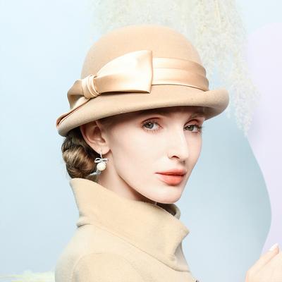 Hats 100% Wool Bowler / Cloche Hat Top Hat Wedding Tea Party Elegant Wedding With Bowknot Pure Color Headpiece Headwear